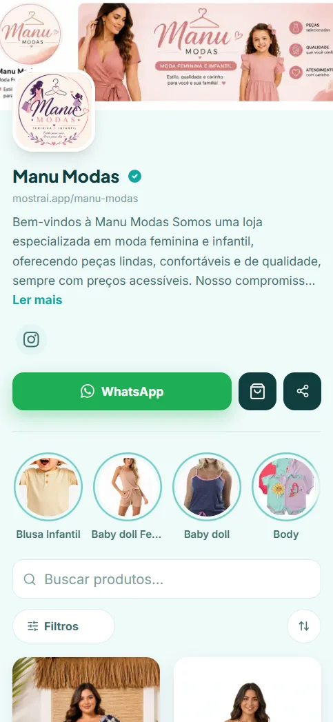 Catálogo da loja Manu Modas, que vende moda feminina e infantil, aberto no celular