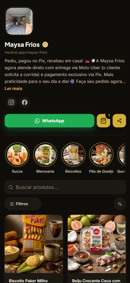 Catálogo da loja Maysa Frios, que vende frios e alimentos, aberto no celular