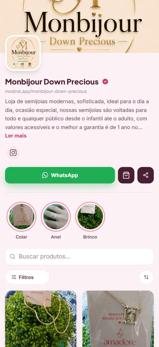 Catálogo da loja Monbijour Down Precious, que vende semijoias, aberto no celular