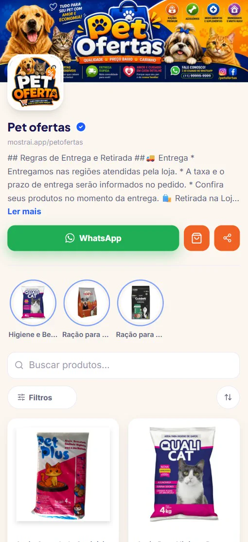 Catálogo da loja Pet Ofertas, que vende produtos para pet, aberto no celular