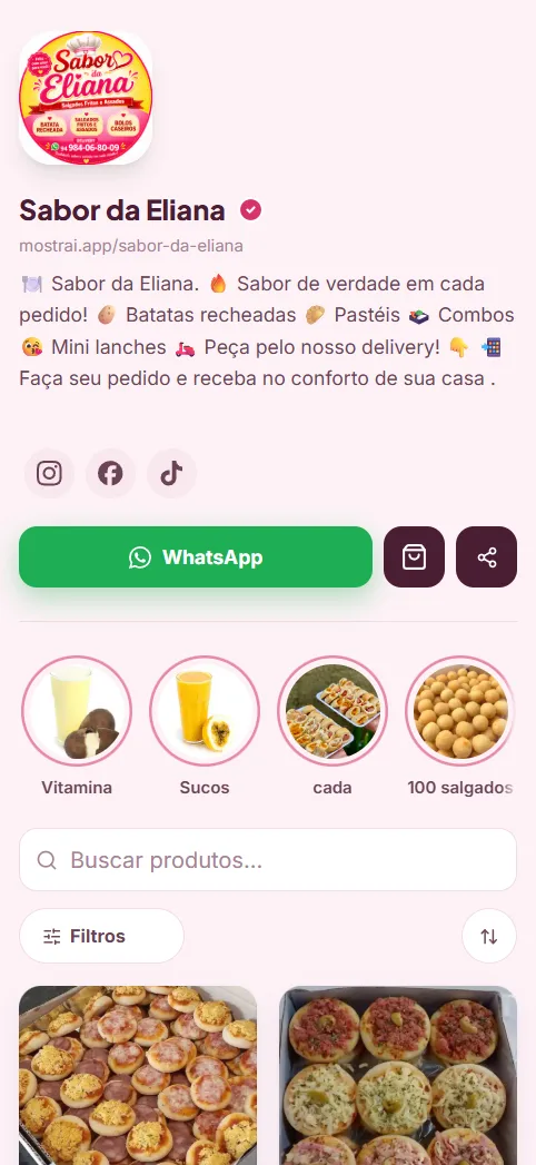 Catálogo da loja Sabor da Eliana, que vende salgados fritos e assados, aberto no celular